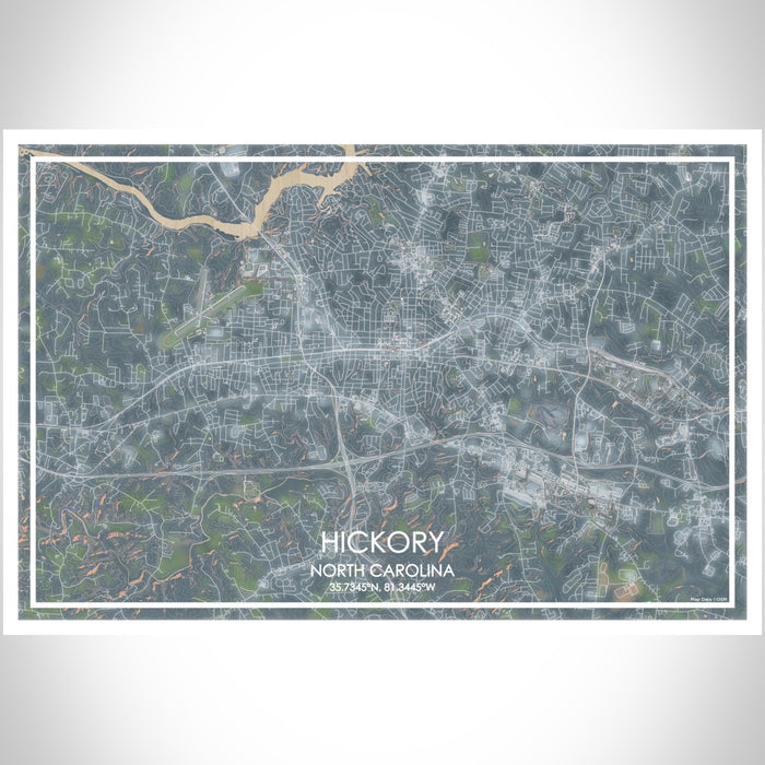 Hickory North Carolina Map Print Landscape Orientation in Afternoon Style With Shaded Background