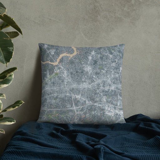 Custom Hickory North Carolina Map Throw Pillow in Afternoon on Bedding Against Wall