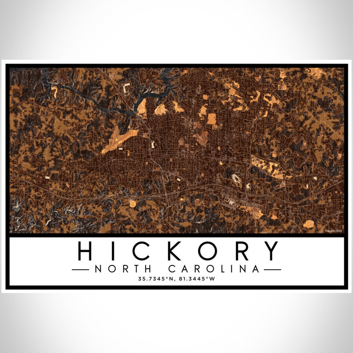 Hickory North Carolina Map Print Landscape Orientation in Ember Style With Shaded Background