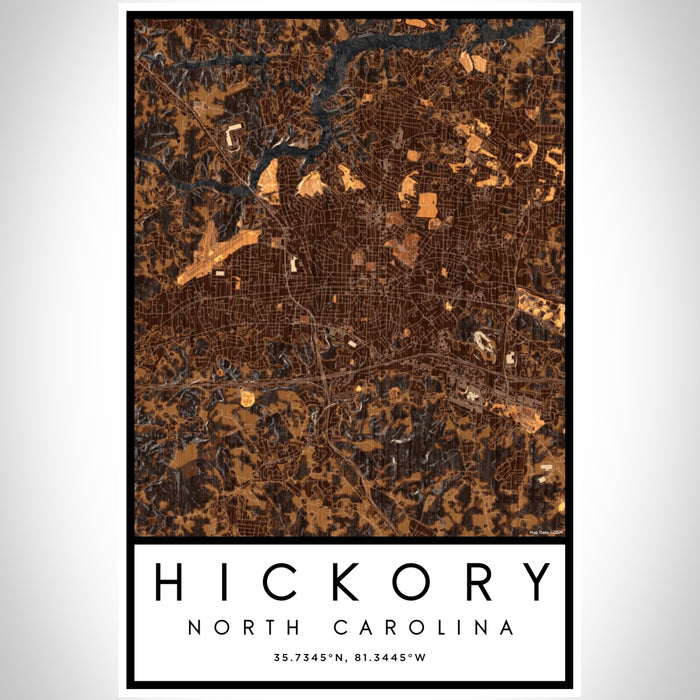 Hickory North Carolina Map Print Portrait Orientation in Ember Style With Shaded Background