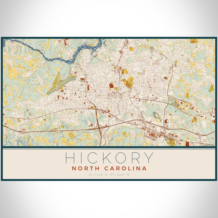 Hickory North Carolina Map Print Landscape Orientation in Woodblock Style With Shaded Background