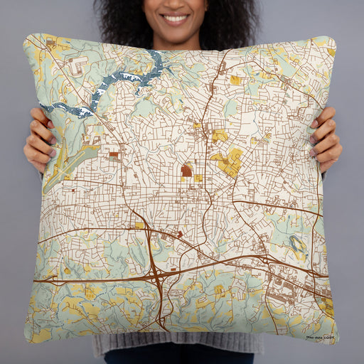 Person holding 22x22 Custom Hickory North Carolina Map Throw Pillow in Woodblock