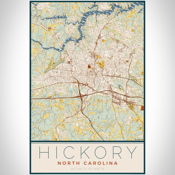 Hickory North Carolina Map Print Portrait Orientation in Woodblock Style With Shaded Background
