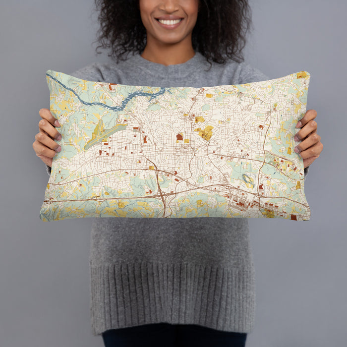 Person holding 20x12 Custom Hickory North Carolina Map Throw Pillow in Woodblock
