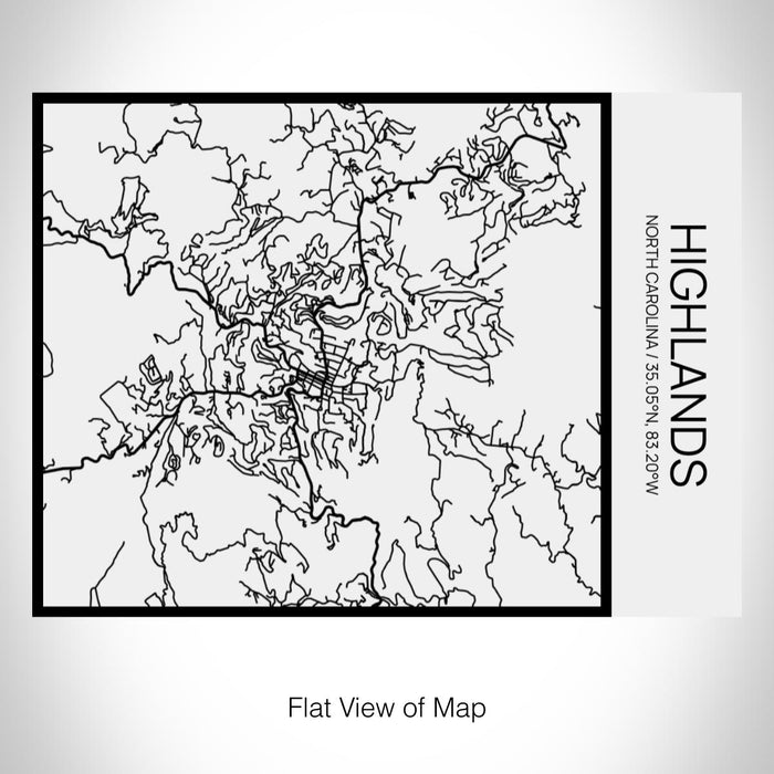 Rendered View of Highlands North Carolina Map on 20oz Stainless Steel Insulated Bottle with Bamboo Top in Matte White with printed Tactile Lines Map in Black