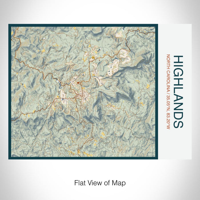 Rendered View of Highlands North Carolina Map on 20oz Stainless Steel Insulated Bottle with Bamboo Top with printed woodblock style map
