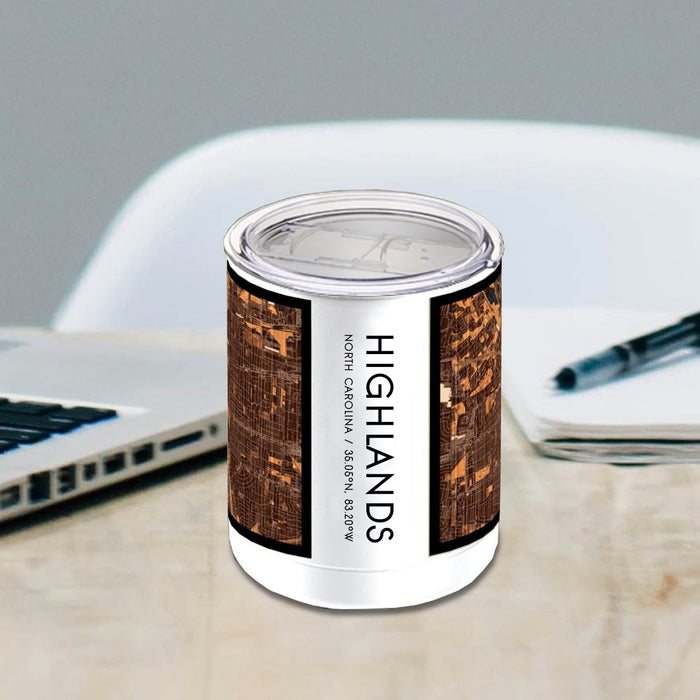 Highlands North Carolina Custom City Map Inscription Coordinates on 10oz Stainless Steel Insulated Cup in Ember with Sliding Lid