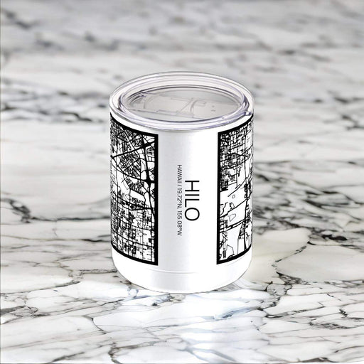 Hilo Hawaii Custom City Map Inscription Coordinates on 10oz Stainless Steel Insulated Cup in Matte White with Sliding Lid