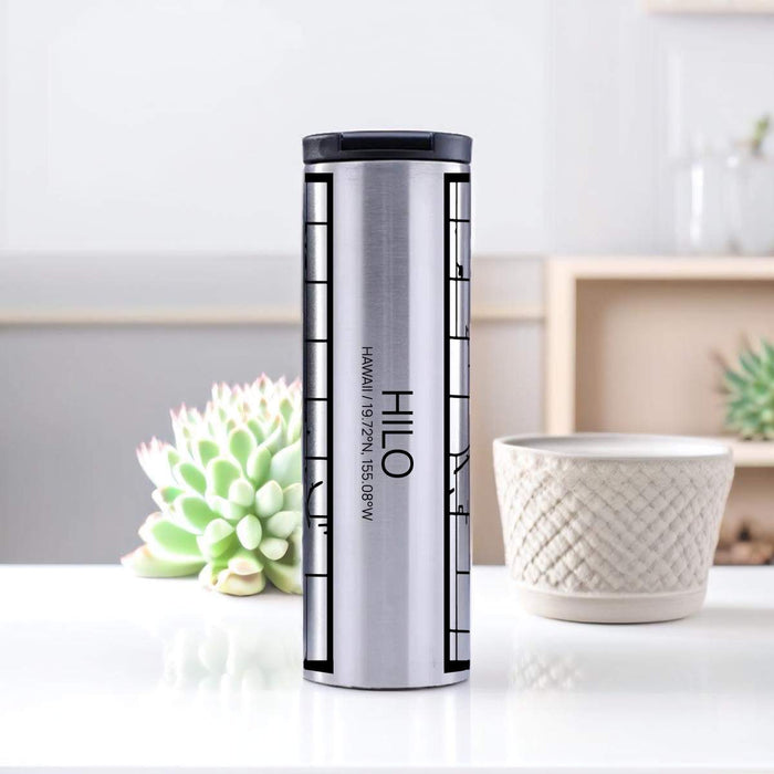 Hilo Hawaii Custom City Map Inscription Coordinates on 17oz Stainless Steel Insulated Tumbler in Tactile Lines with Succulent in Background