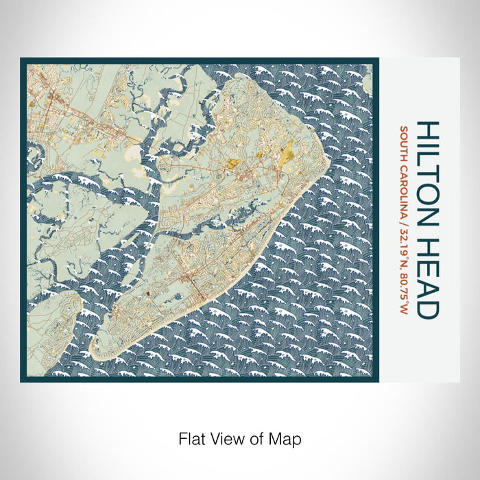 Rendered View of Hilton Head South Carolina Map on 20oz Stainless Steel Insulated Bottle with Bamboo Top with printed woodblock style map
