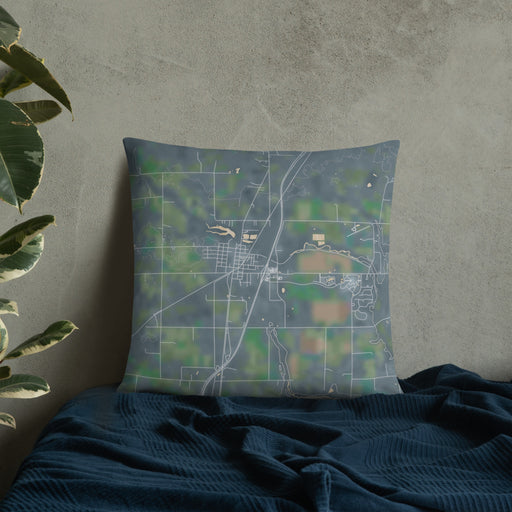 Custom Hinckley Minnesota Map Throw Pillow in Afternoon on Bedding Against Wall