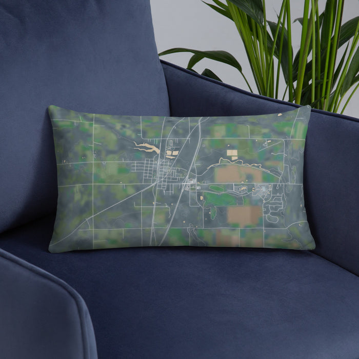 Custom Hinckley Minnesota Map Throw Pillow in Afternoon on Blue Colored Chair