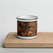 Front View Custom Hinckley Minnesota Map Enamel Mug in Ember on Cutting Board