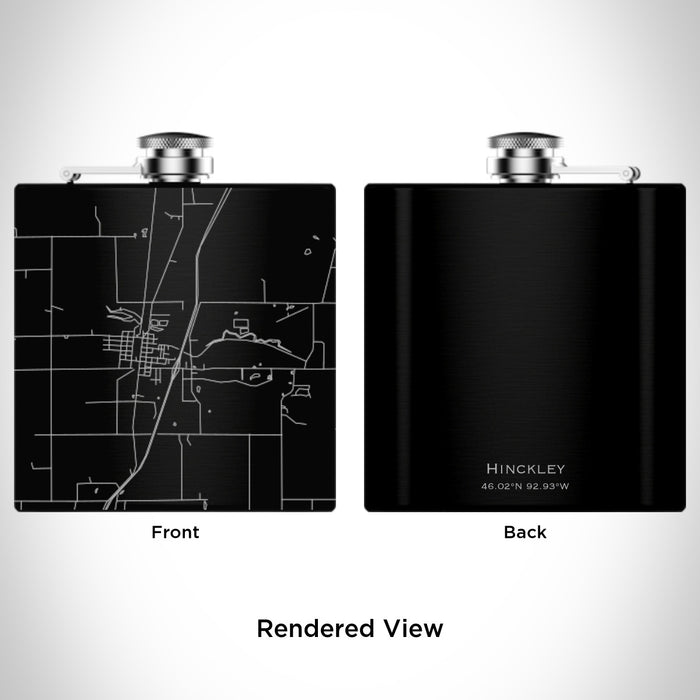 Rendered View of Hinckley Minnesota Map Engraving on 6oz Stainless Steel Flask in Black