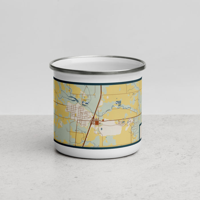 Front View Custom Hinckley Minnesota Map Enamel Mug in Woodblock