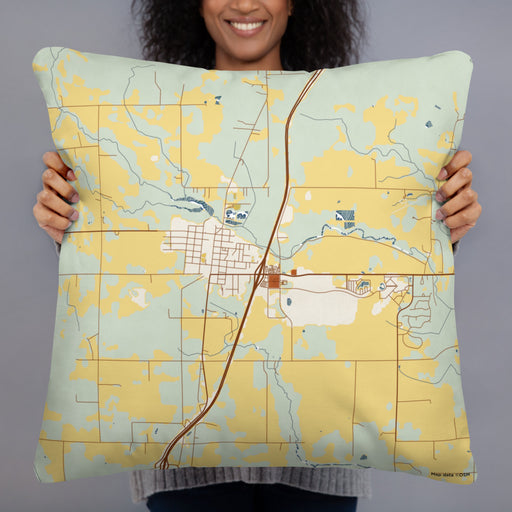 Person holding 22x22 Custom Hinckley Minnesota Map Throw Pillow in Woodblock