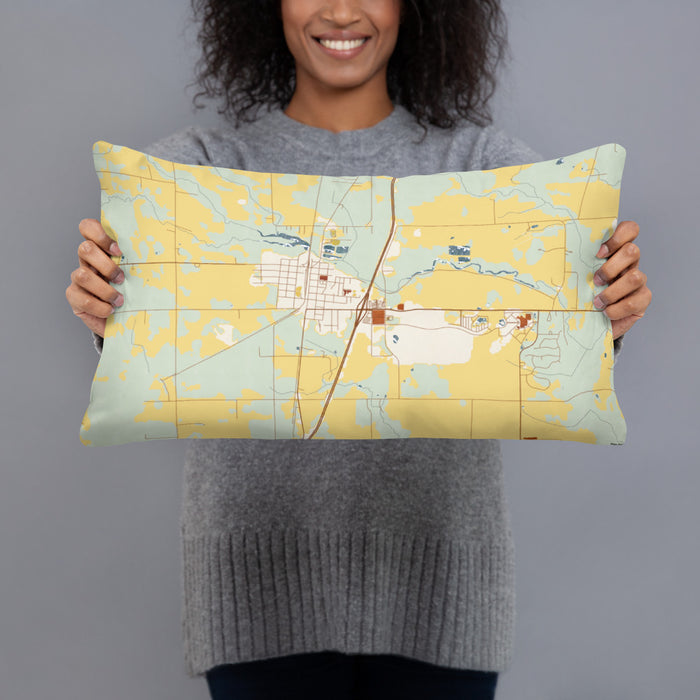 Person holding 20x12 Custom Hinckley Minnesota Map Throw Pillow in Woodblock