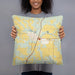 Person holding 18x18 Custom Hinckley Minnesota Map Throw Pillow in Woodblock