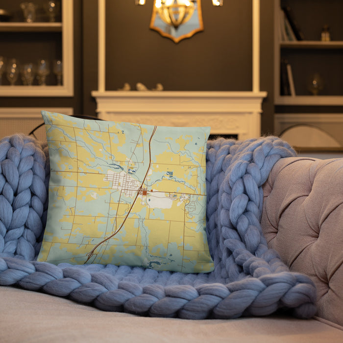 Custom Hinckley Minnesota Map Throw Pillow in Woodblock on Cream Colored Couch