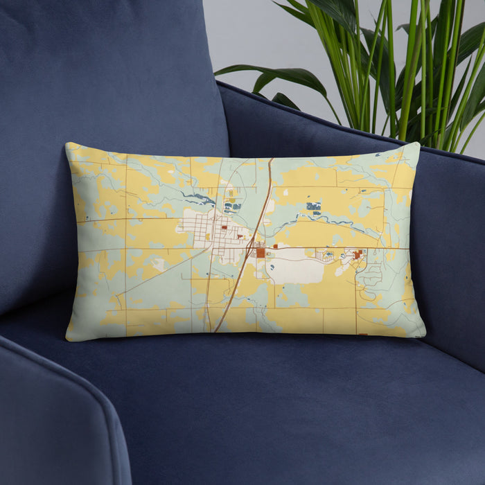 Custom Hinckley Minnesota Map Throw Pillow in Woodblock on Blue Colored Chair