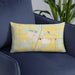 Custom Hinckley Minnesota Map Throw Pillow in Woodblock on Blue Colored Chair