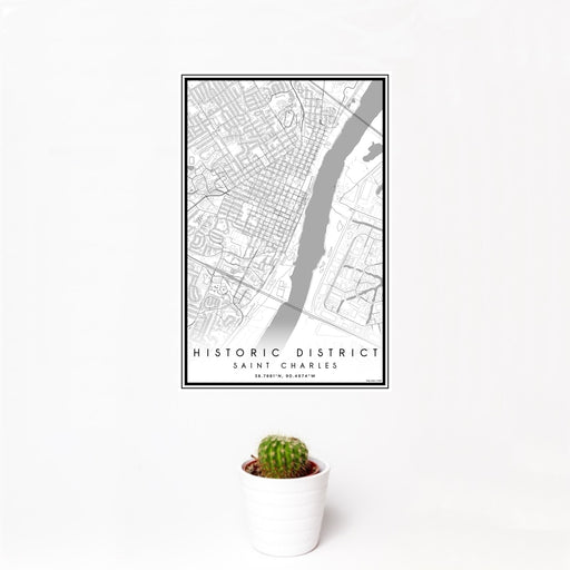 12x18 Historic District Saint Charles Map Print Portrait Orientation in Classic Style With Small Cactus Plant in White Planter