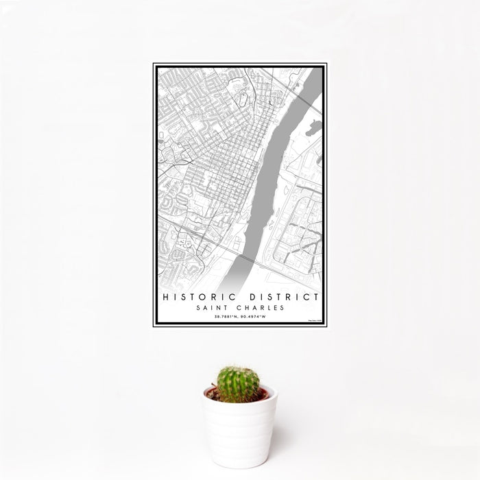 12x18 Historic District Saint Charles Map Print Portrait Orientation in Classic Style With Small Cactus Plant in White Planter