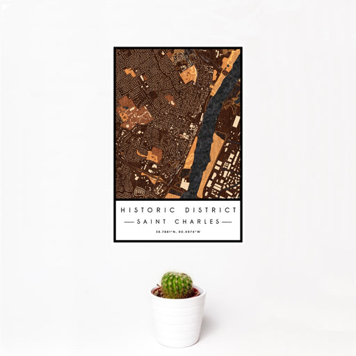12x18 Historic District Saint Charles Map Print Portrait Orientation in Ember Style With Small Cactus Plant in White Planter