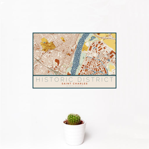 12x18 Historic District Saint Charles Map Print Landscape Orientation in Woodblock Style With Small Cactus Plant in White Planter