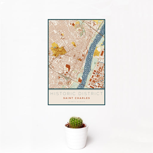 12x18 Historic District Saint Charles Map Print Portrait Orientation in Woodblock Style With Small Cactus Plant in White Planter