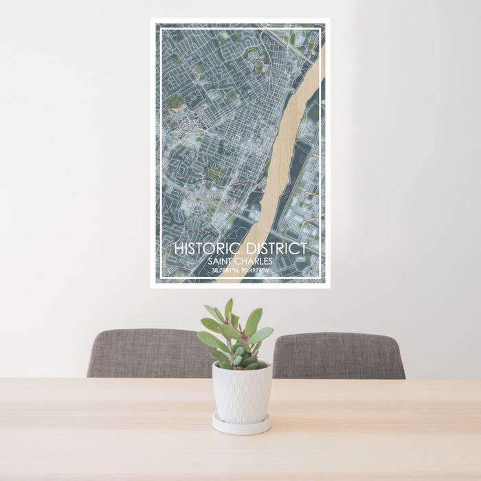 24x36 Historic District Saint Charles Map Print Portrait Orientation in Afternoon Style Behind 2 Chairs Table and Potted Plant