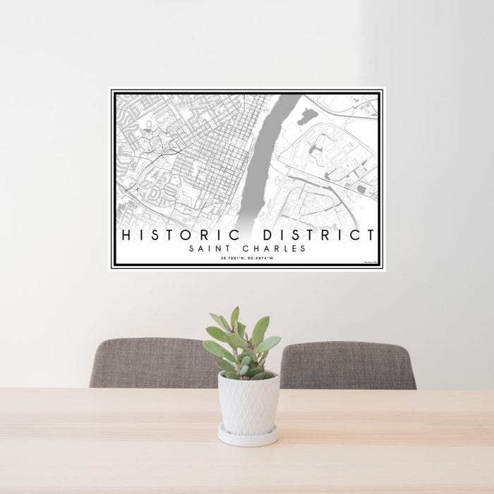24x36 Historic District Saint Charles Map Print Lanscape Orientation in Classic Style Behind 2 Chairs Table and Potted Plant