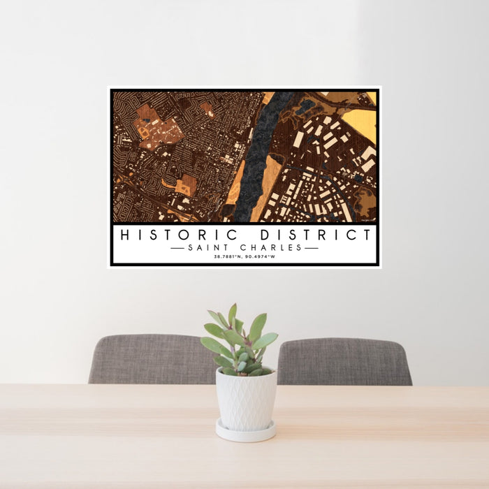 24x36 Historic District Saint Charles Map Print Lanscape Orientation in Ember Style Behind 2 Chairs Table and Potted Plant