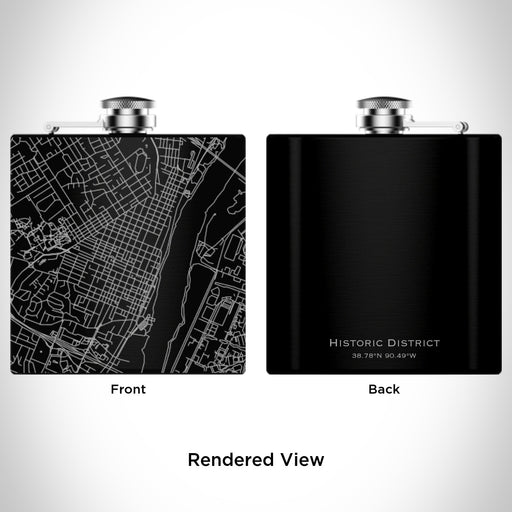 Rendered View of Historic District Saint Charles Map Engraving on 6oz Stainless Steel Flask in Black
