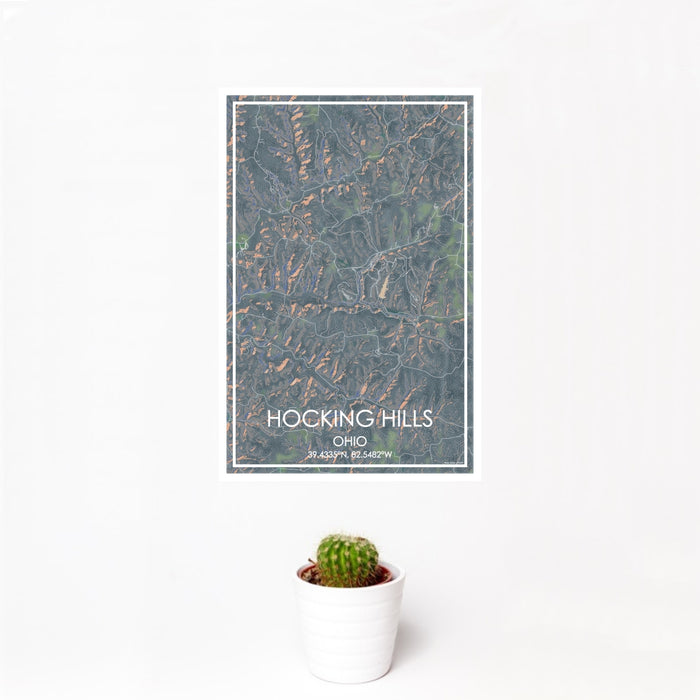 12x18 Hocking Hills Ohio Map Print Portrait Orientation in Afternoon Style With Small Cactus Plant in White Planter