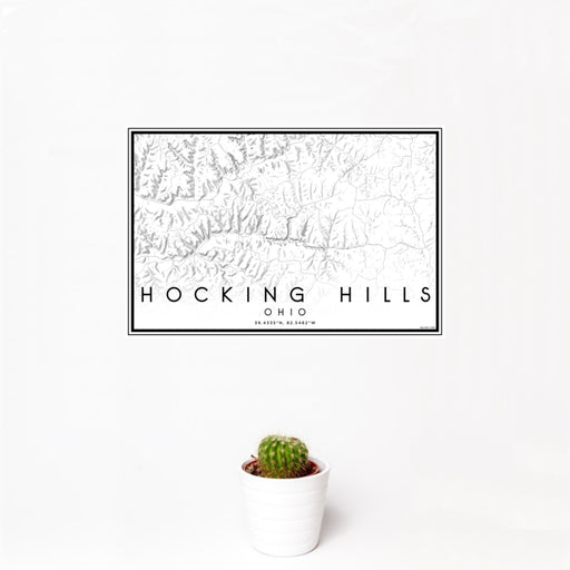 12x18 Hocking Hills Ohio Map Print Landscape Orientation in Classic Style With Small Cactus Plant in White Planter