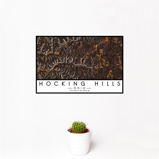 12x18 Hocking Hills Ohio Map Print Landscape Orientation in Ember Style With Small Cactus Plant in White Planter