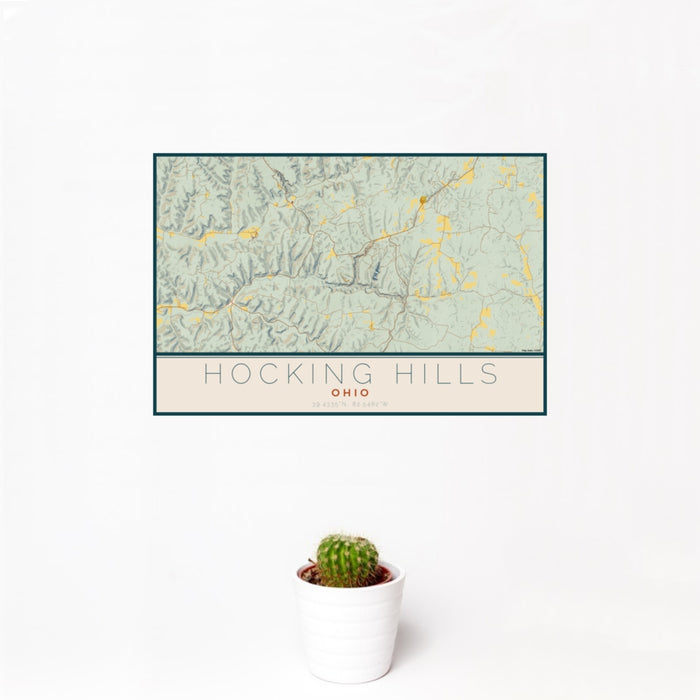 12x18 Hocking Hills Ohio Map Print Landscape Orientation in Woodblock Style With Small Cactus Plant in White Planter