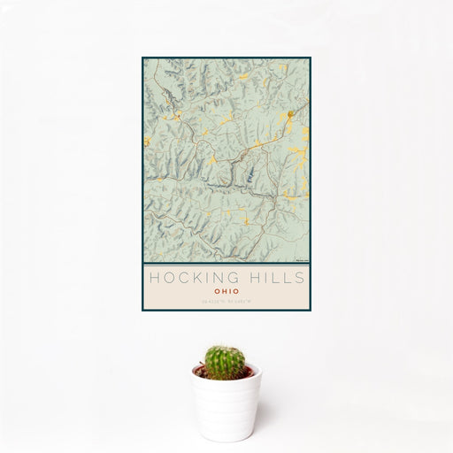 12x18 Hocking Hills Ohio Map Print Portrait Orientation in Woodblock Style With Small Cactus Plant in White Planter