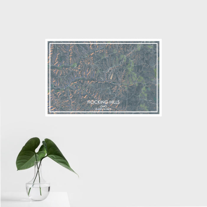 16x24 Hocking Hills Ohio Map Print Landscape Orientation in Afternoon Style With Tropical Plant Leaves in Water