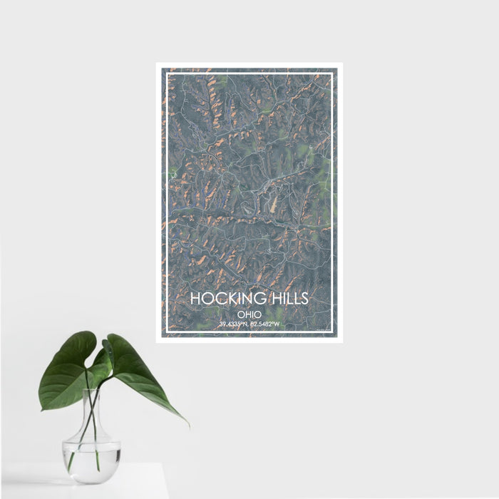 16x24 Hocking Hills Ohio Map Print Portrait Orientation in Afternoon Style With Tropical Plant Leaves in Water