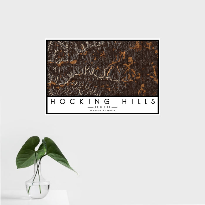 16x24 Hocking Hills Ohio Map Print Landscape Orientation in Ember Style With Tropical Plant Leaves in Water