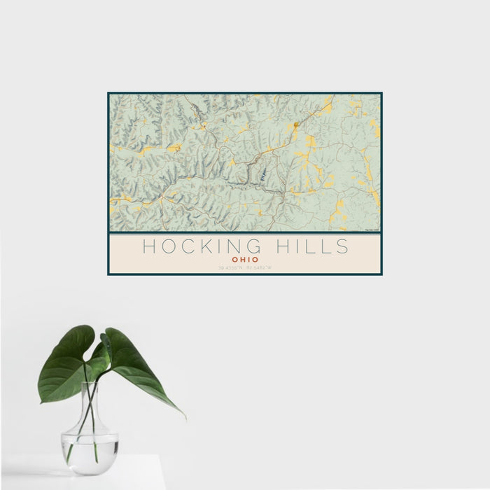 16x24 Hocking Hills Ohio Map Print Landscape Orientation in Woodblock Style With Tropical Plant Leaves in Water