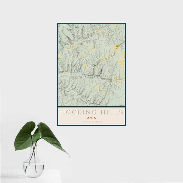 16x24 Hocking Hills Ohio Map Print Portrait Orientation in Woodblock Style With Tropical Plant Leaves in Water