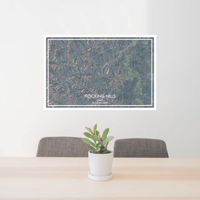 24x36 Hocking Hills Ohio Map Print Lanscape Orientation in Afternoon Style Behind 2 Chairs Table and Potted Plant