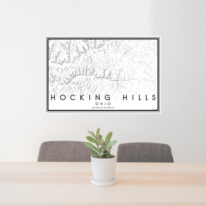 24x36 Hocking Hills Ohio Map Print Lanscape Orientation in Classic Style Behind 2 Chairs Table and Potted Plant