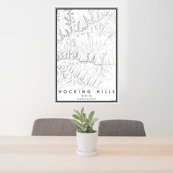 24x36 Hocking Hills Ohio Map Print Portrait Orientation in Classic Style Behind 2 Chairs Table and Potted Plant