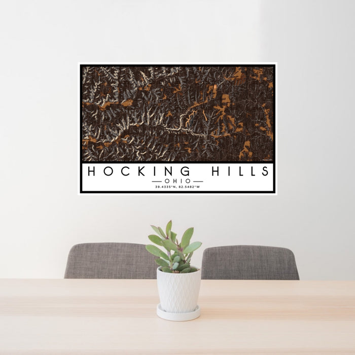 24x36 Hocking Hills Ohio Map Print Lanscape Orientation in Ember Style Behind 2 Chairs Table and Potted Plant