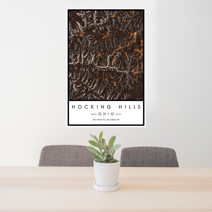 24x36 Hocking Hills Ohio Map Print Portrait Orientation in Ember Style Behind 2 Chairs Table and Potted Plant