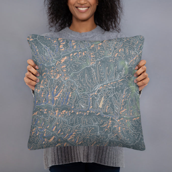 Person holding 18x18 Custom Hocking Hills Ohio Map Throw Pillow in Afternoon